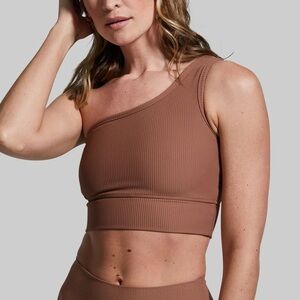 Born Primitive Evolve One Shoulder Sports Bra Medium Tan Ribbed Longline